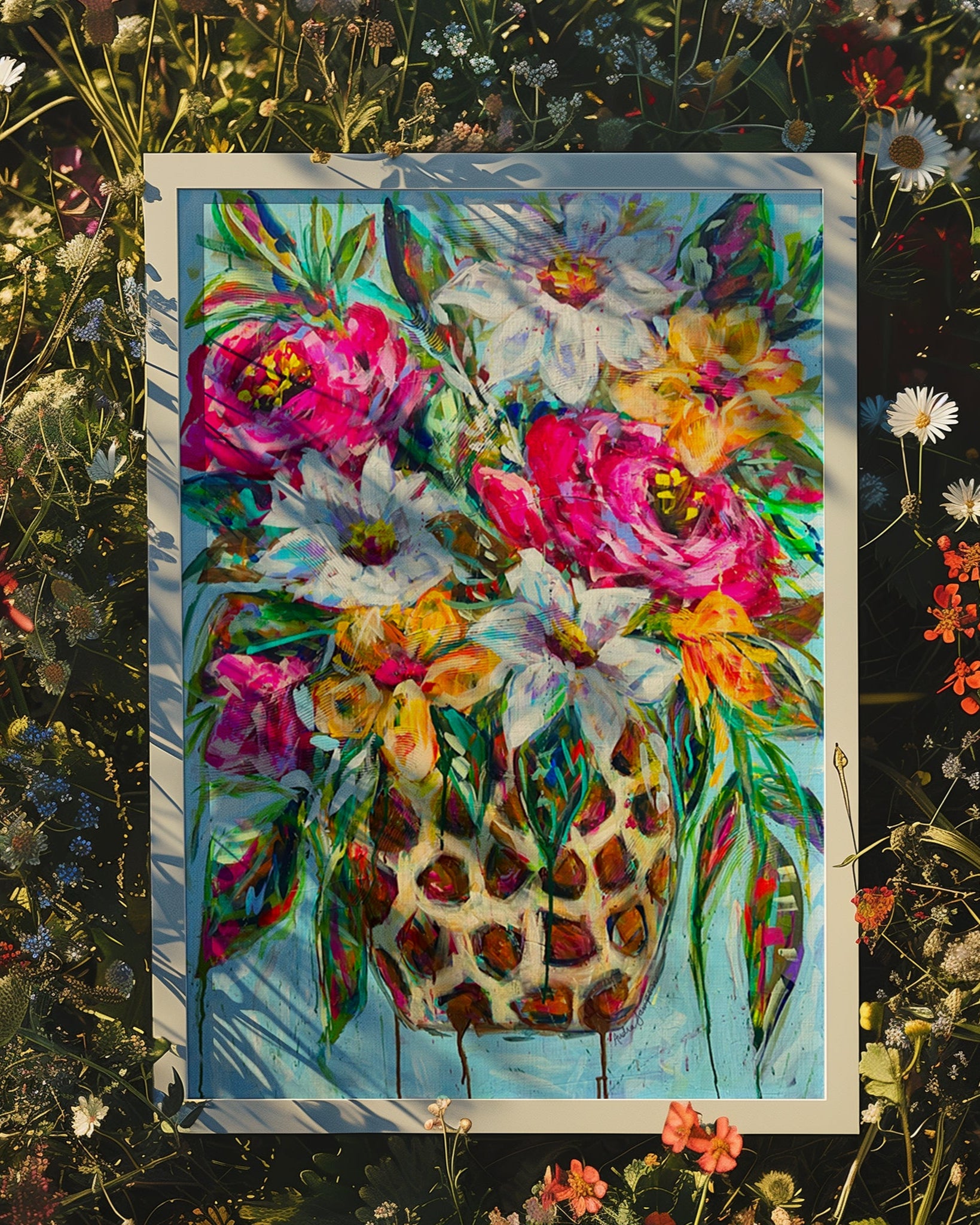 Roses and Daisies Reproduction Print - On Paper or Canvas