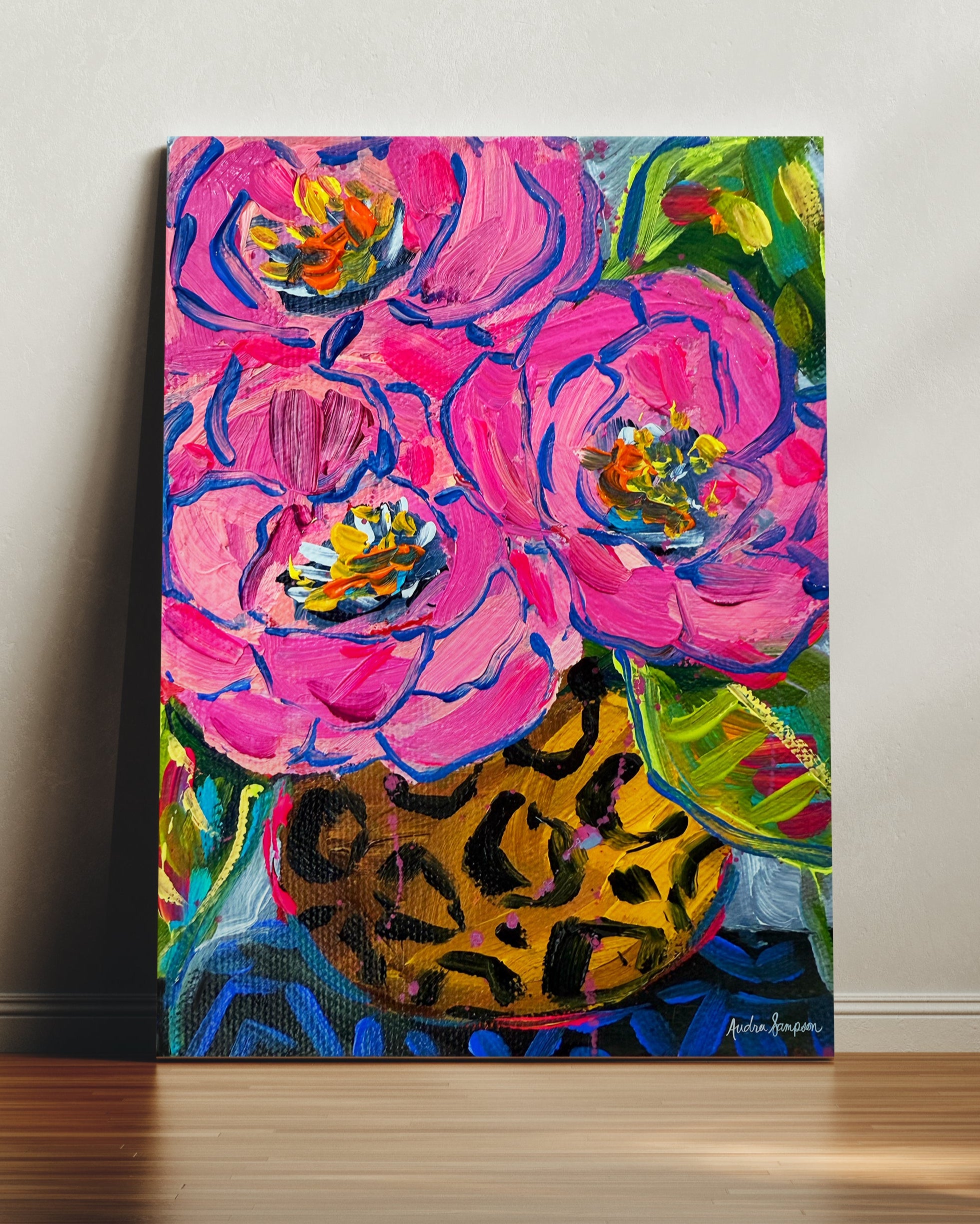 Round Cheetah Vase Rose Bouquet Art Print on Paper or Canvas - Floral Decor, Maximalist Art Poster