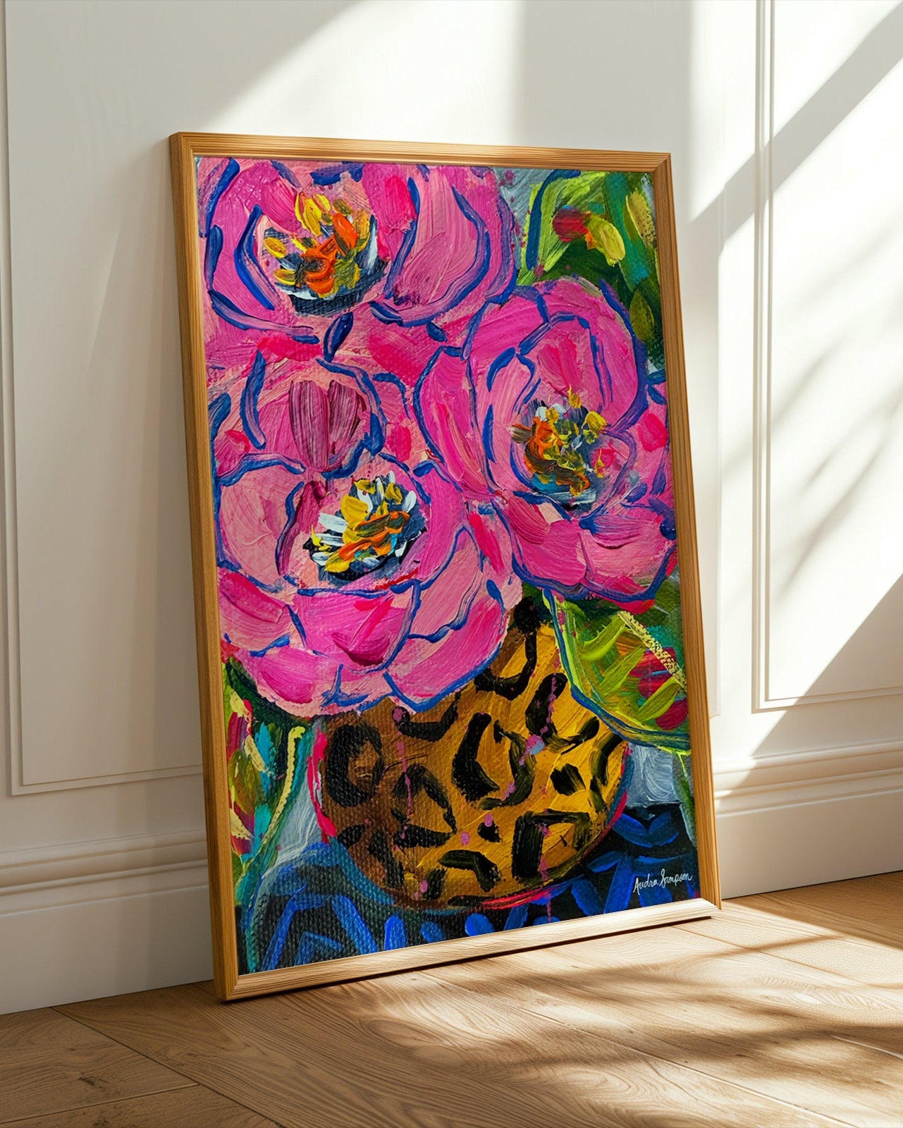 Round Cheetah Vase Rose Bouquet Art Print on Paper or Canvas - Floral Decor, Maximalist Art Poster