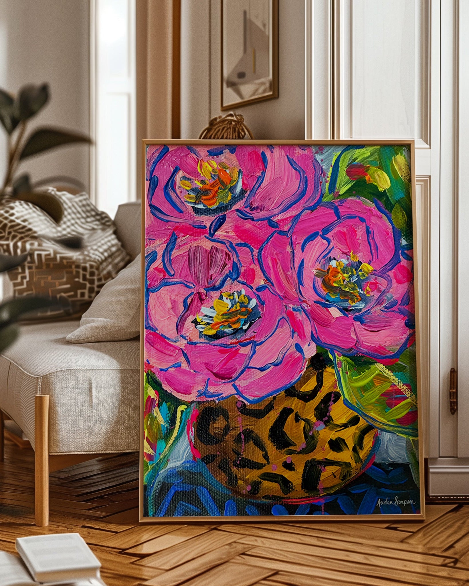 Round Cheetah Vase Rose Bouquet Art Print on Paper or Canvas - Floral Decor, Maximalist Art Poster