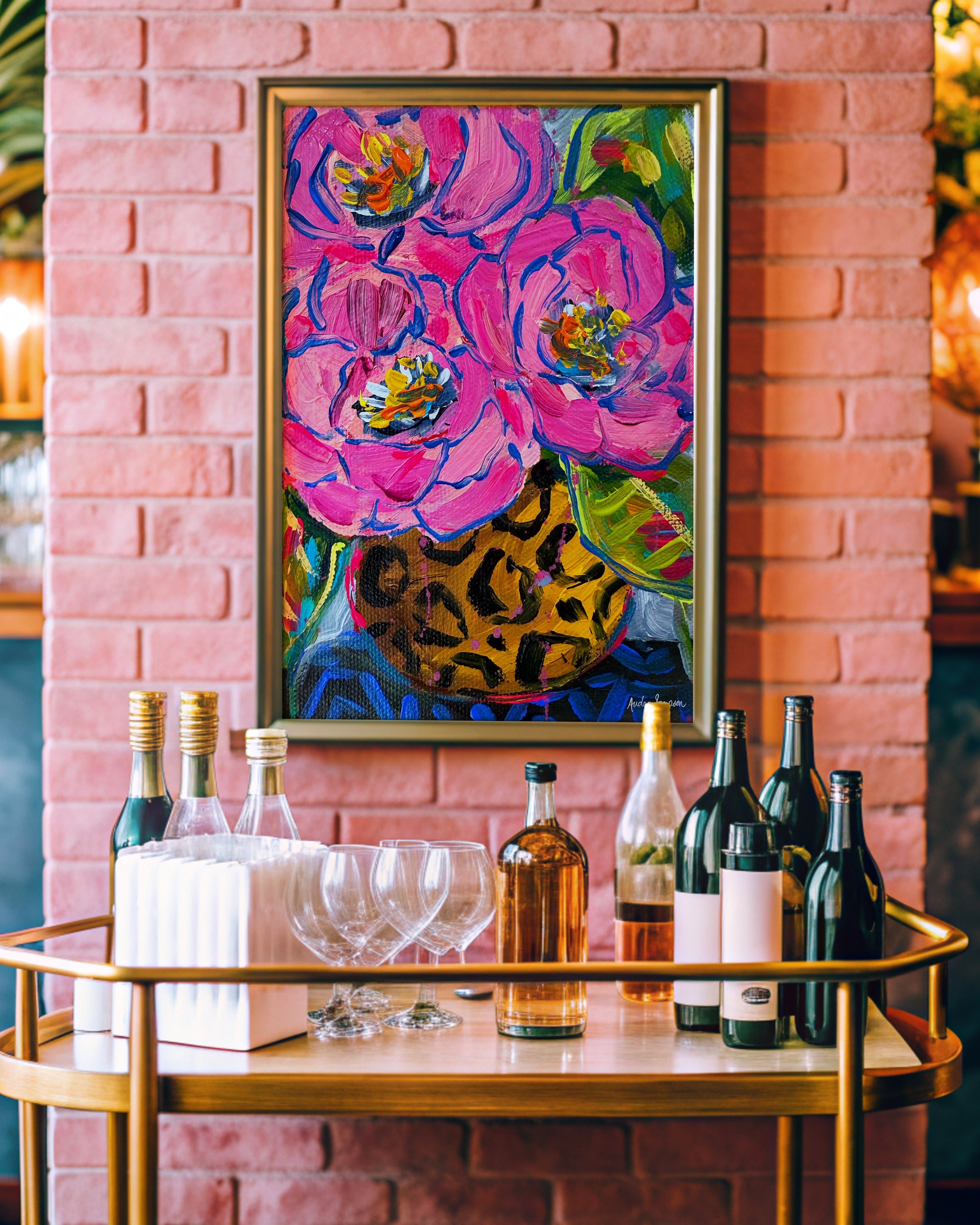 Round Cheetah Vase Rose Bouquet Art Print on Paper or Canvas - Floral Decor, Maximalist Art Poster