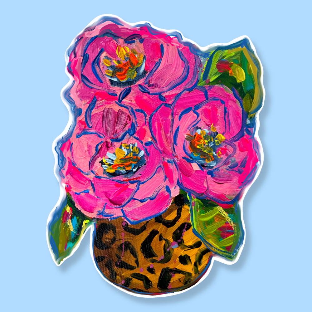 Round Cheetah Vase Floral Bouquet Sticker