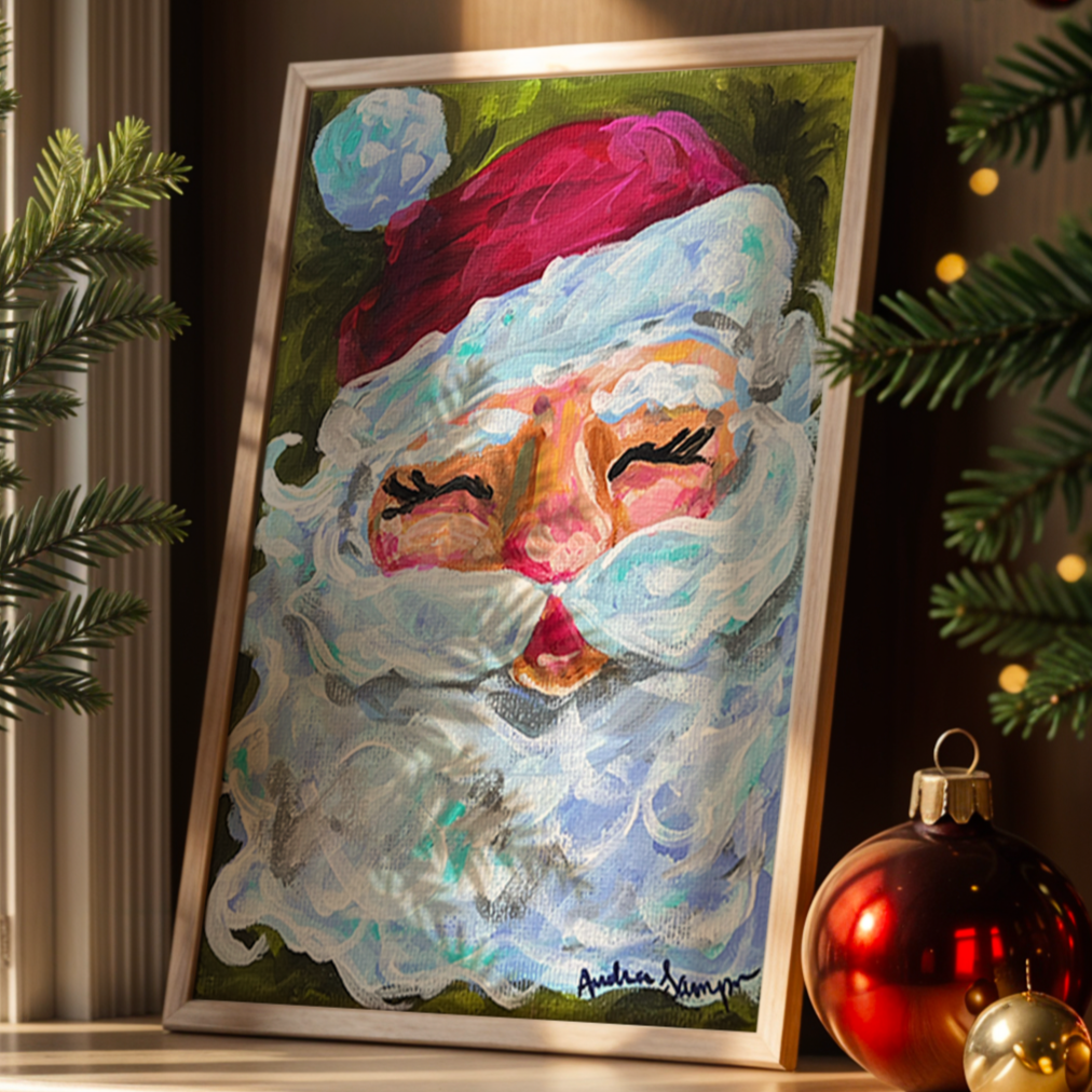 Santa Claus on Green Christmas Reproduction Print - On Paper or Canvas