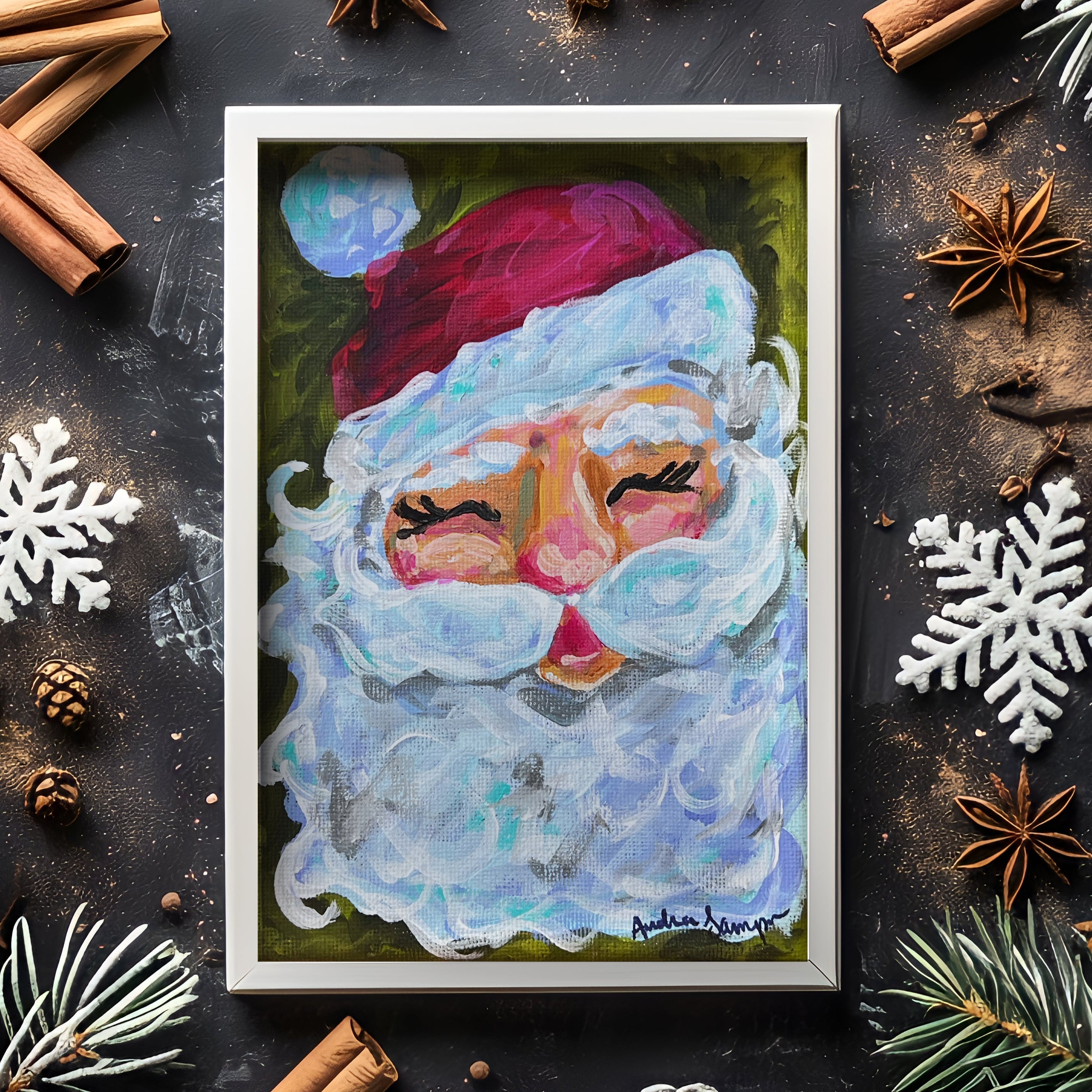 Santa Claus on Green Christmas Reproduction Print - On Paper or Canvas