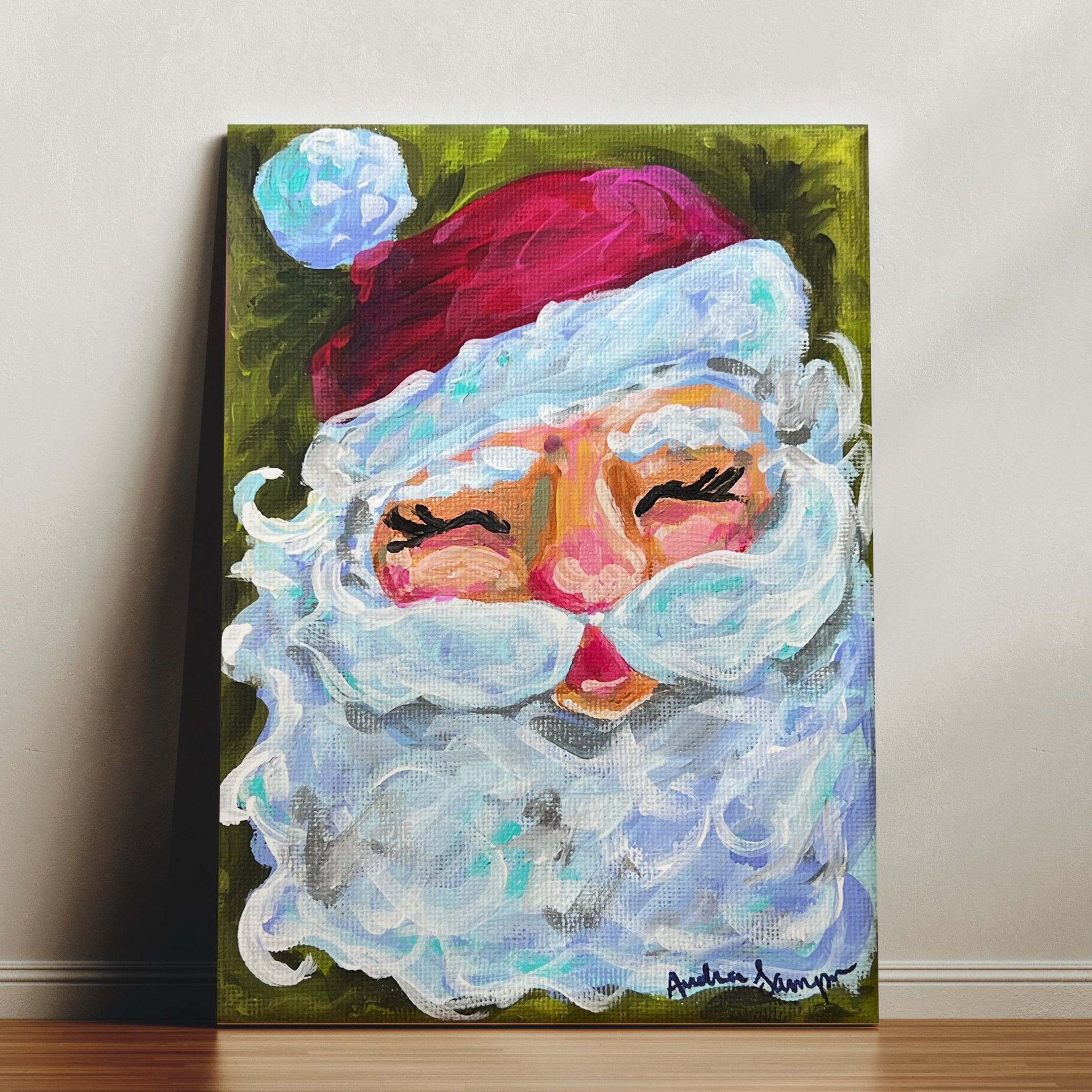 Santa Claus on Green Christmas Reproduction Print - On Paper or Canvas
