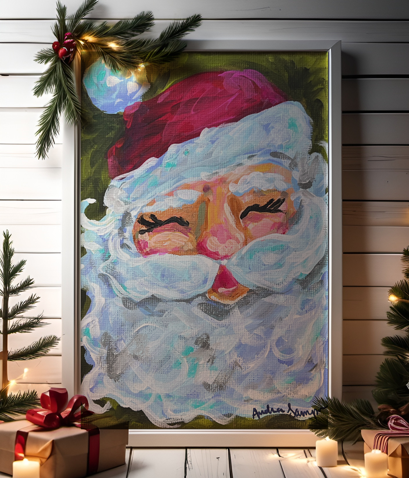 Santa Claus on Green Christmas Reproduction Print - On Paper or Canvas