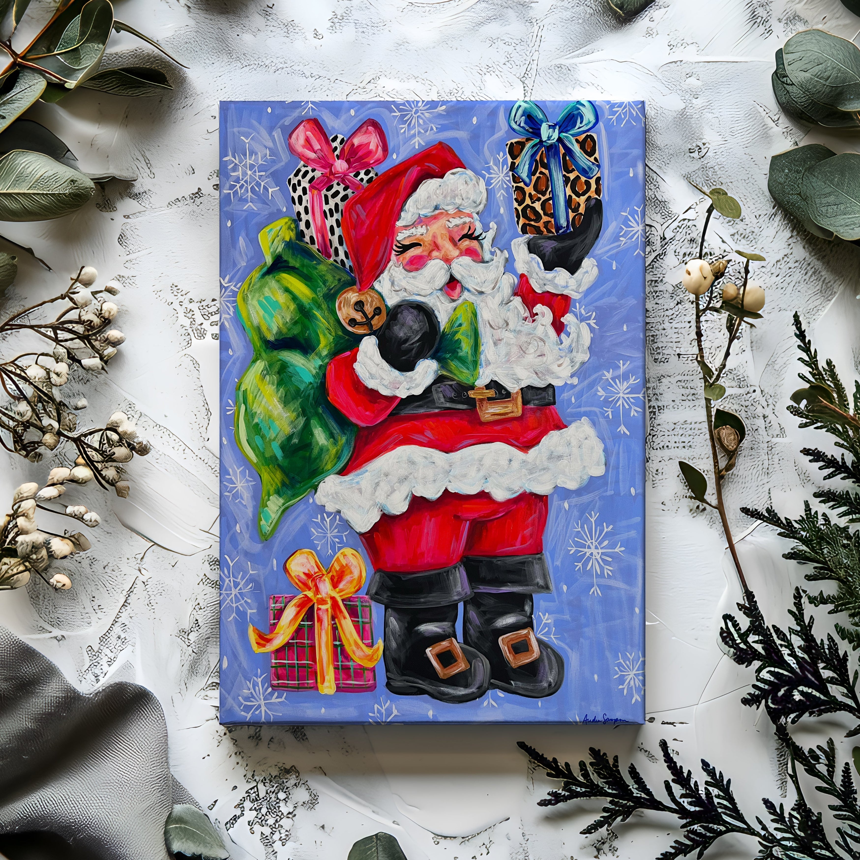 Santa Claus with Gifts Christmas Reproduction Print - On Paper or Canvas