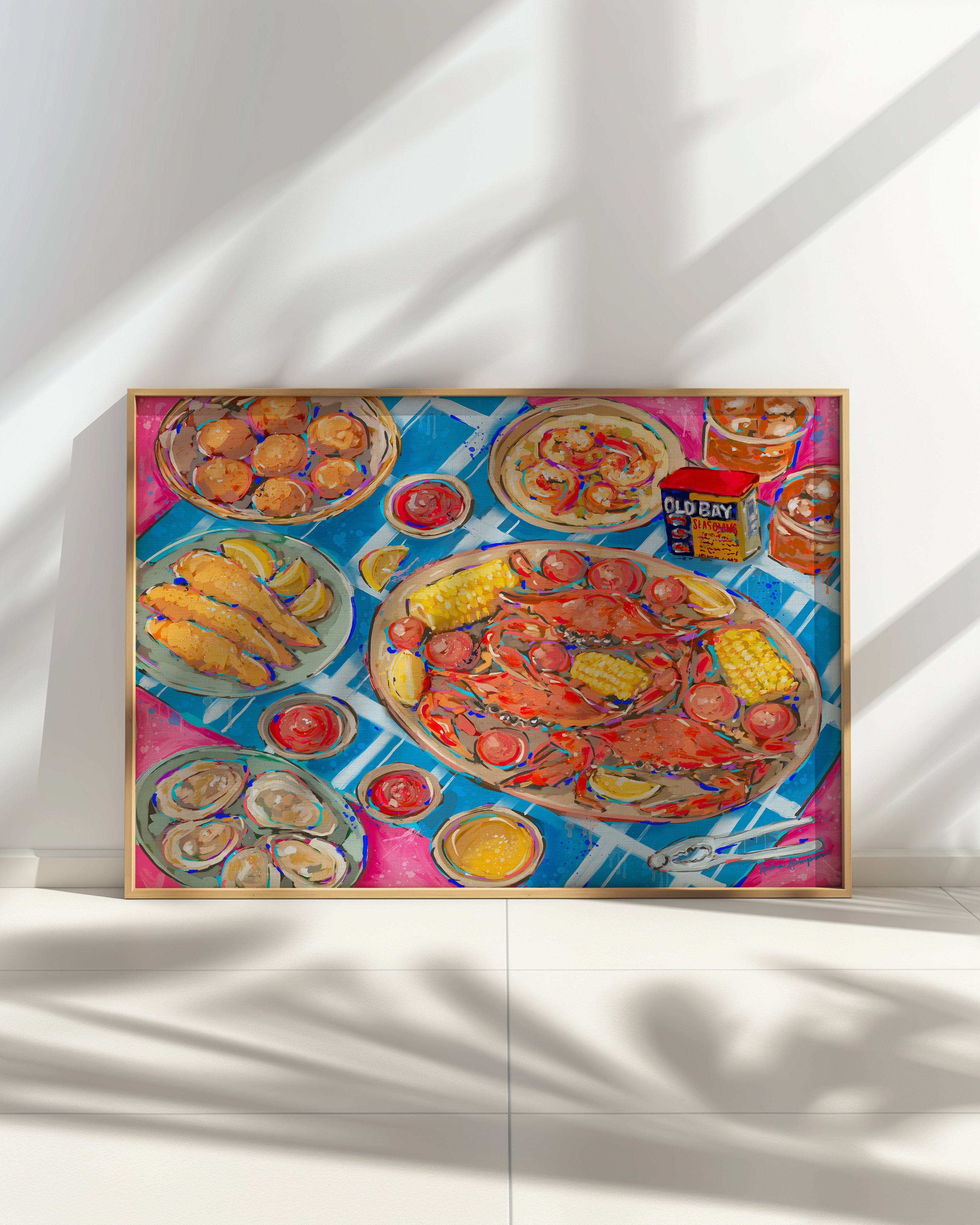 Seafood Dinner Art Print on Paper or Canvas - Maximalist Coastal Beach Nautical Kitchen Art Poster