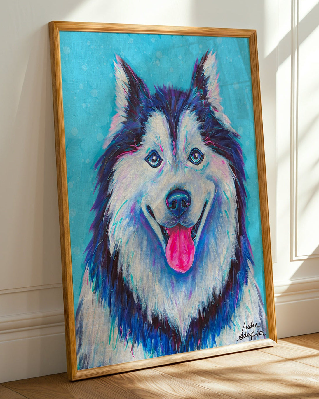 Siberian Husky Print Blue Background on Paper or Canvas - Pet Art, Dog Poster, Colorful Wall Art, Dog Gift, Dopamine Decor