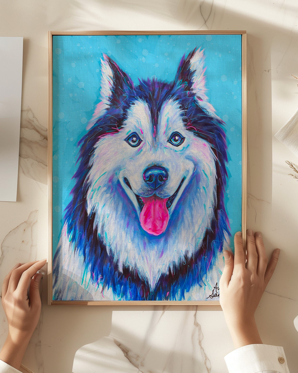 Siberian Husky Print Blue Background on Paper or Canvas - Pet Art, Dog Poster, Colorful Wall Art, Dog Gift, Dopamine Decor