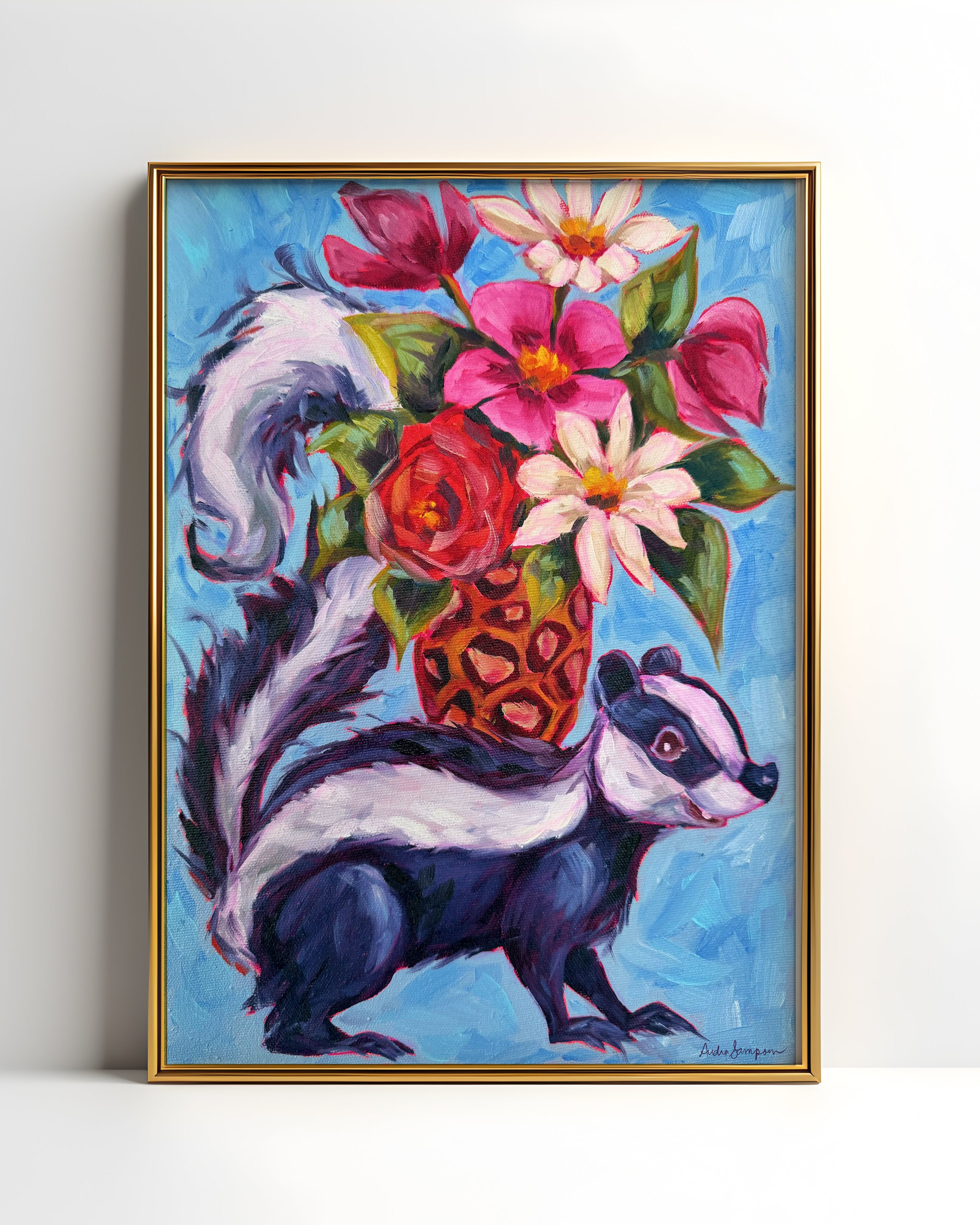 Skunk Floral Bouquet Art Print | Bold Colorful Maximalist Wall Art