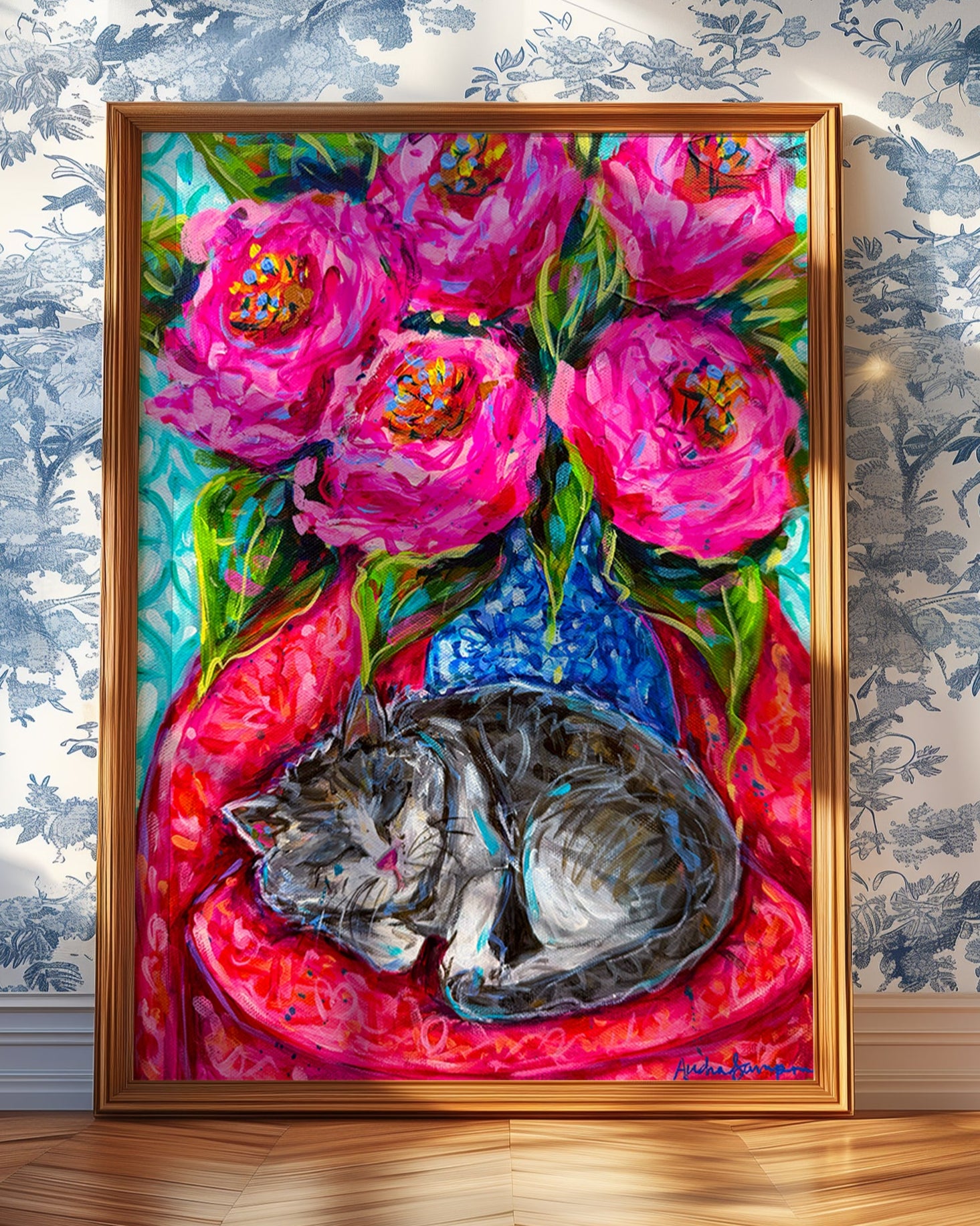 Sleepy Cat Rose Bouquet Art Print on Paper or Canvas - Blue White Maximalist Flower Bouquet Art Poster