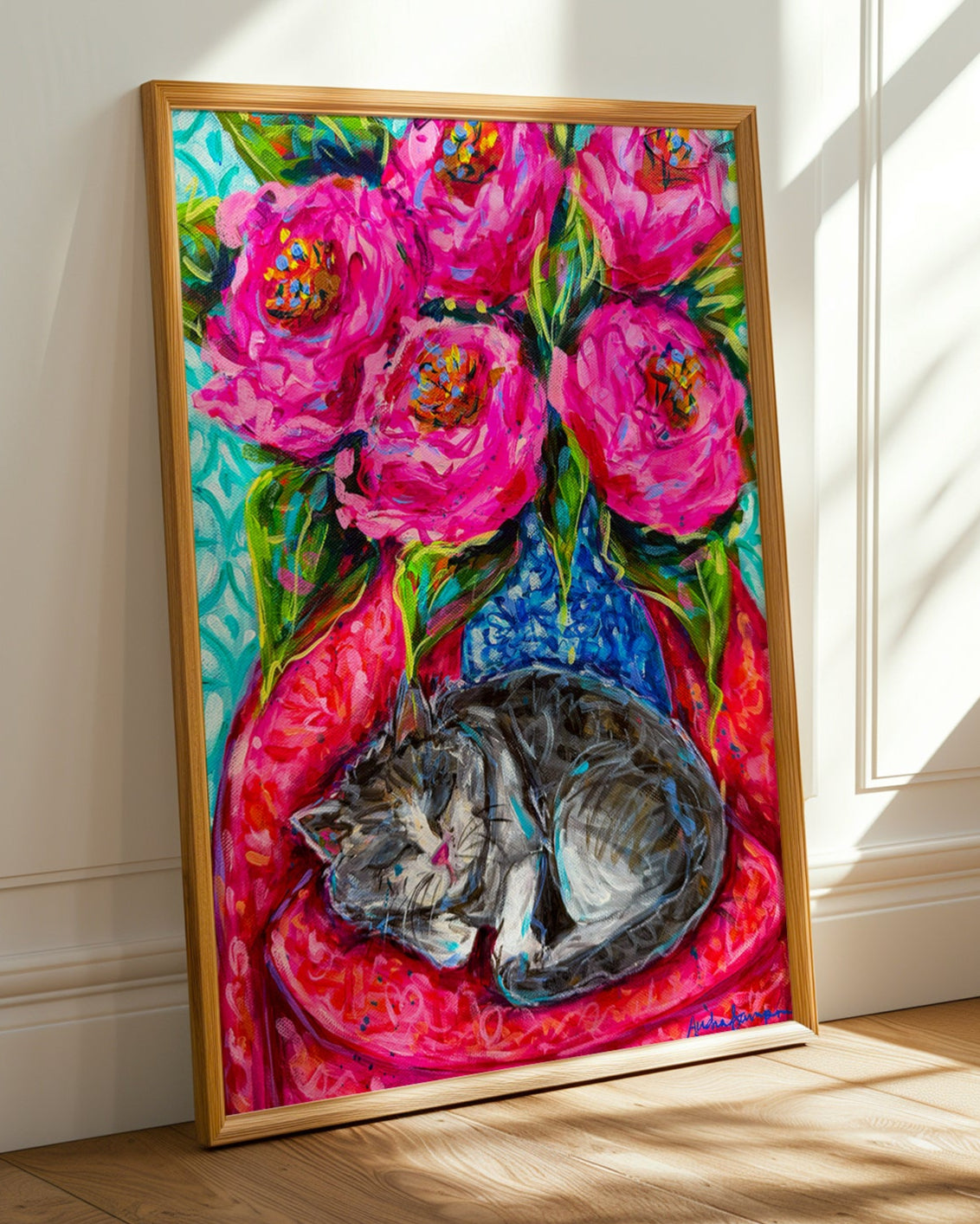 Sleepy Cat Rose Bouquet Art Print on Paper or Canvas - Blue White Maximalist Flower Bouquet Art Poster
