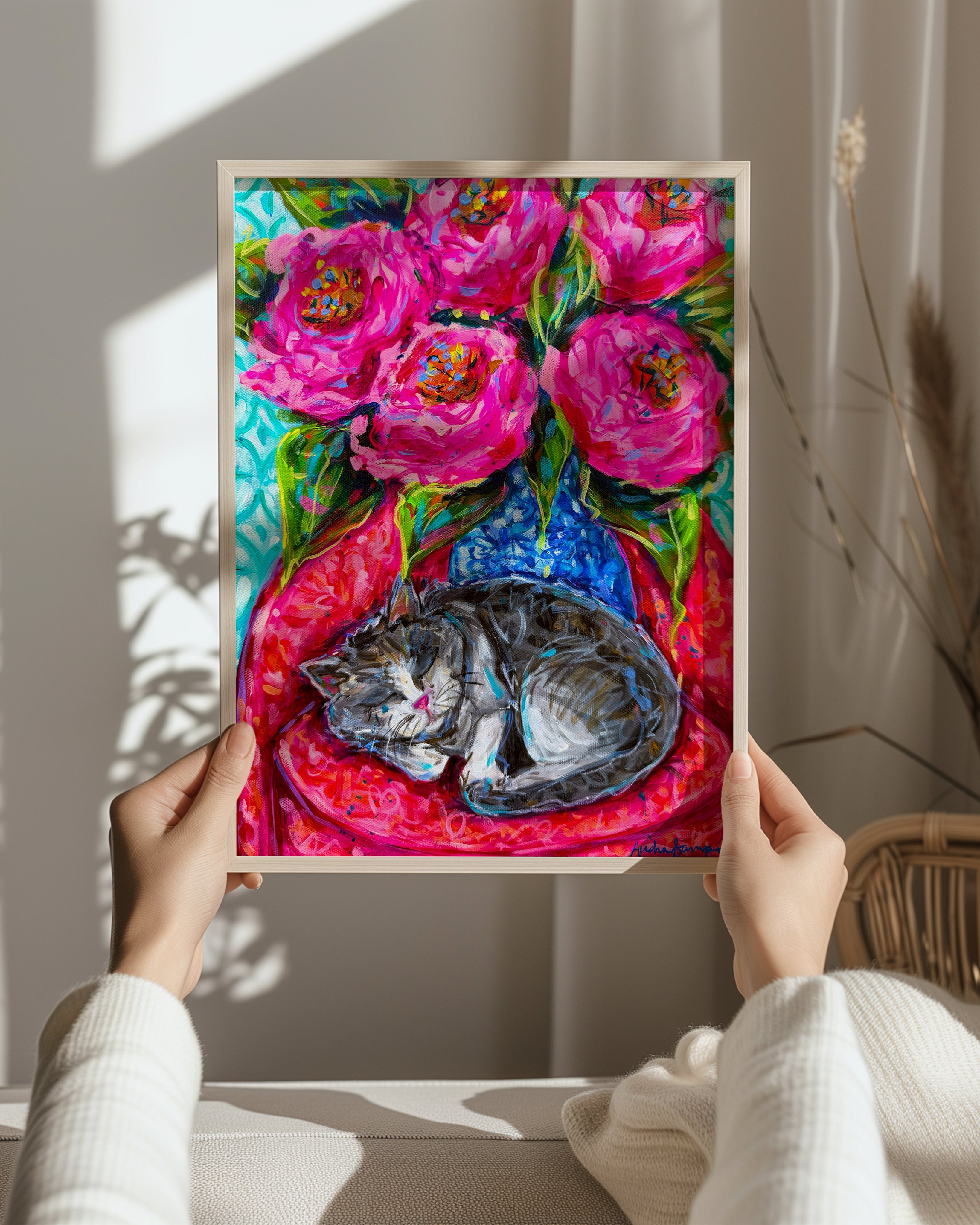 Sleepy Cat Rose Bouquet Art Print on Paper or Canvas - Blue White Maximalist Flower Bouquet Art Poster
