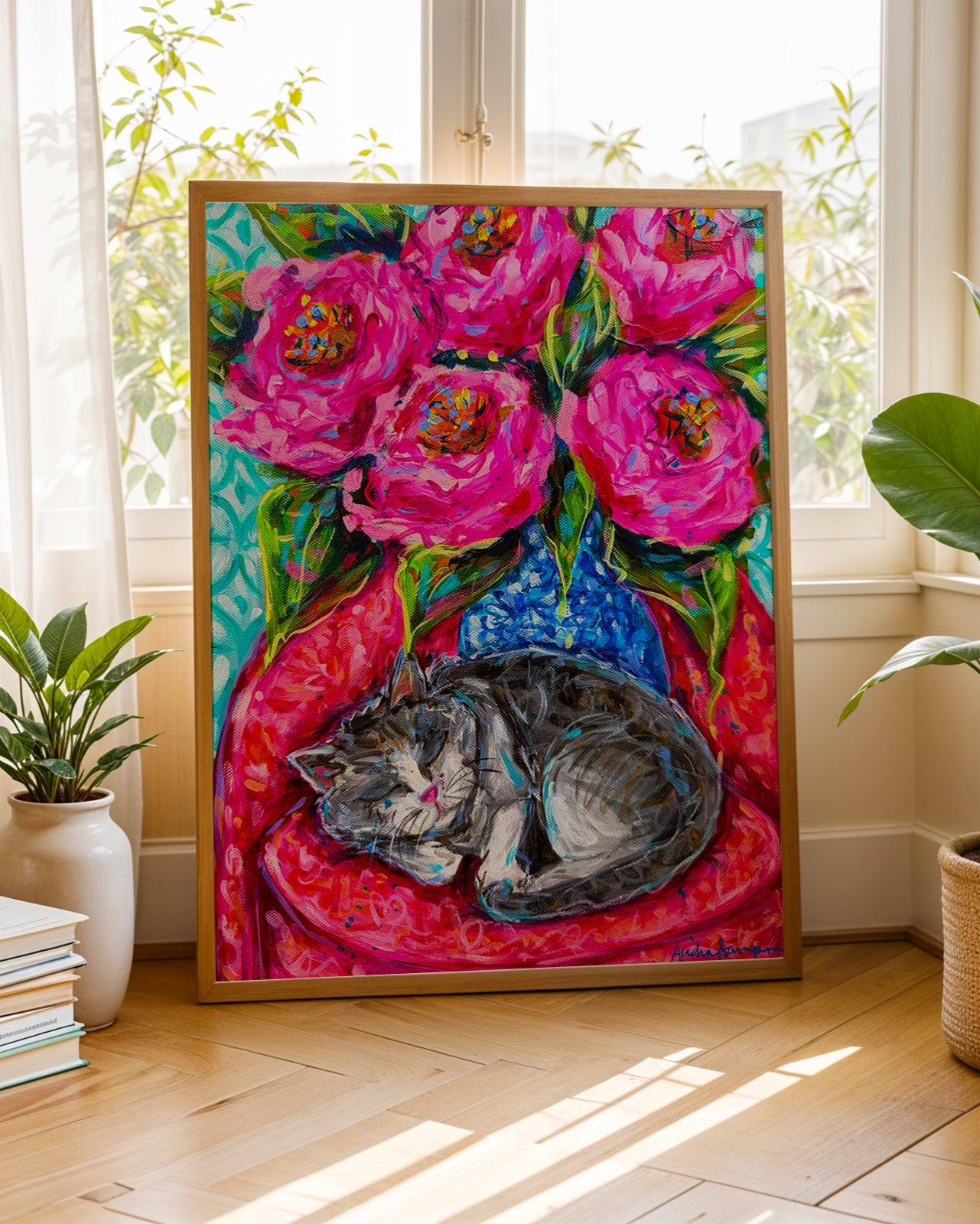Sleepy Cat Rose Bouquet Art Print on Paper or Canvas - Blue White Maximalist Flower Bouquet Art Poster
