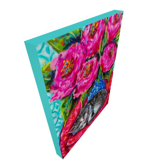Sleepy Cat Rose Bouquet Art Print on Paper or Canvas - Blue White Maximalist Flower Bouquet Art Poster