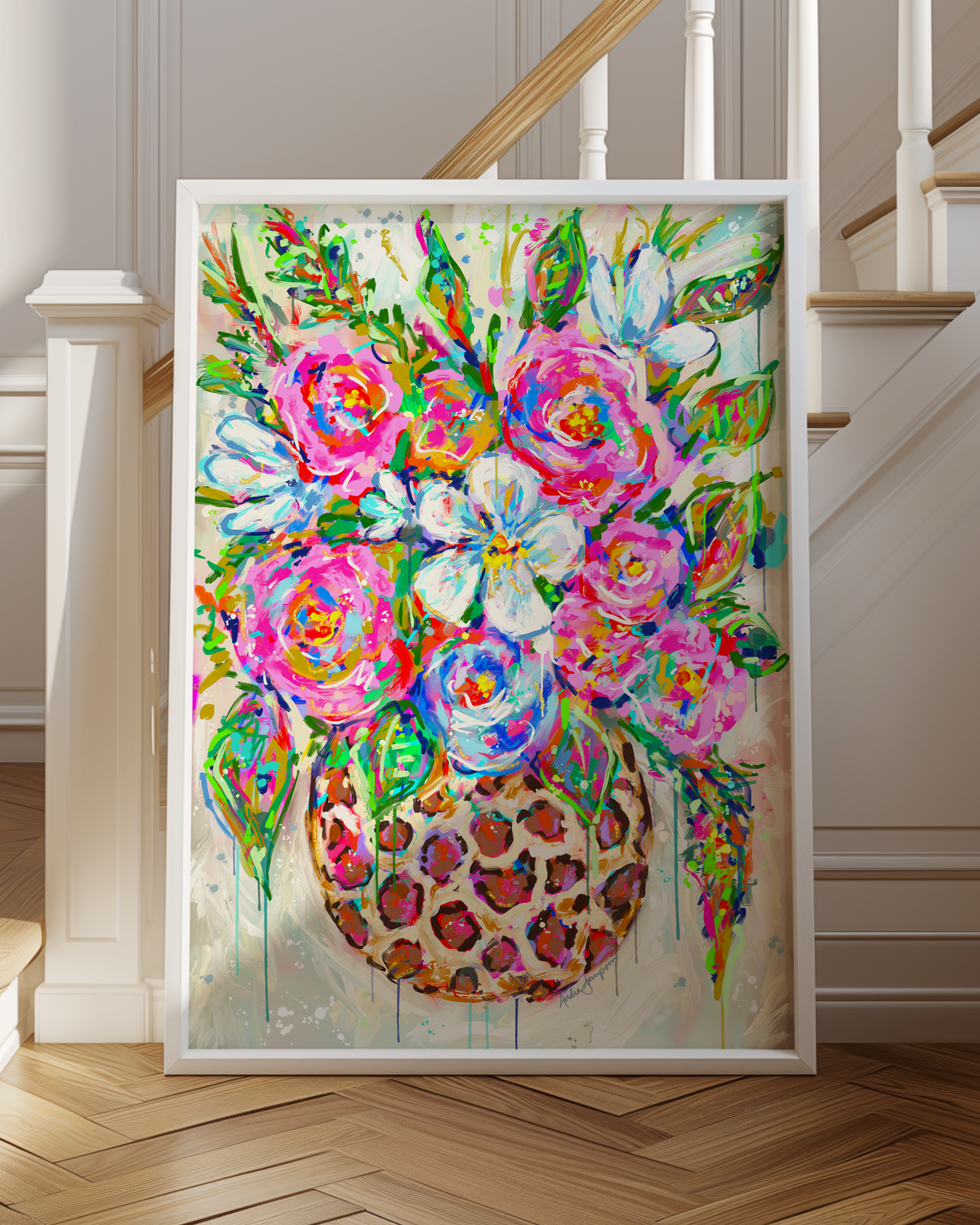 Leopard Vase Floral Print on Paper or Canvas - Maximalist Decor, Color