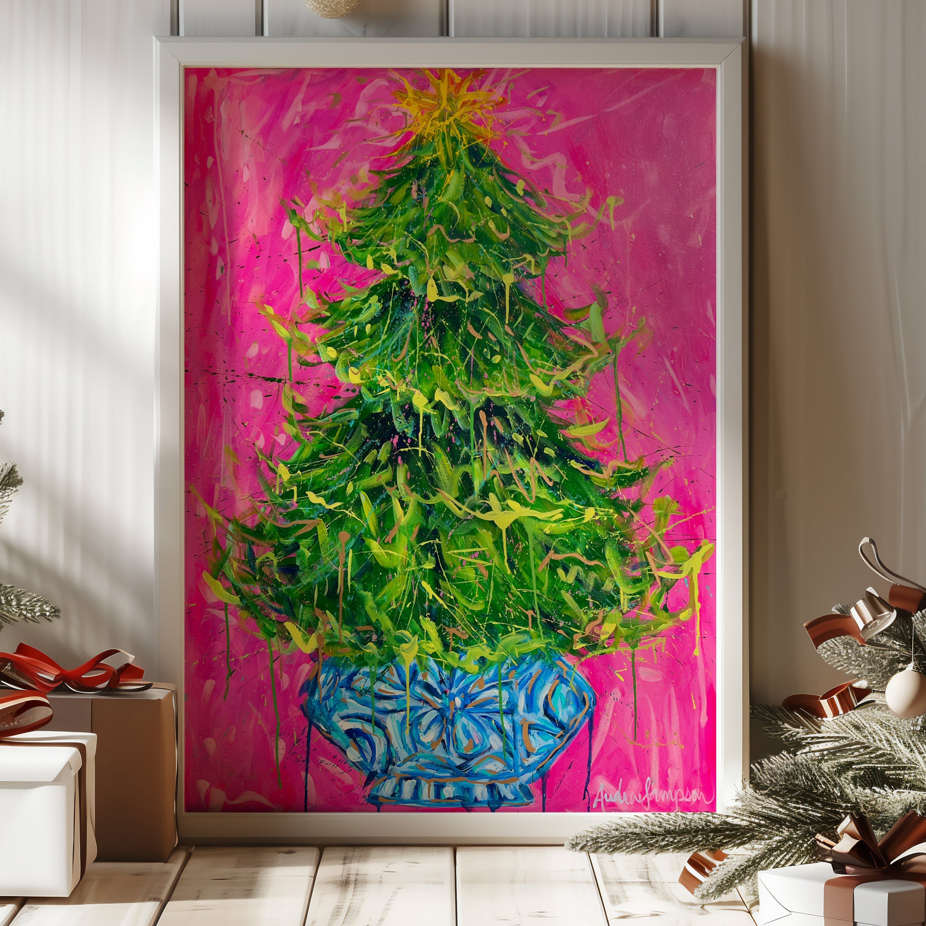 Splatter Christmas Tree Reproduction Print - On Paper or Canvas