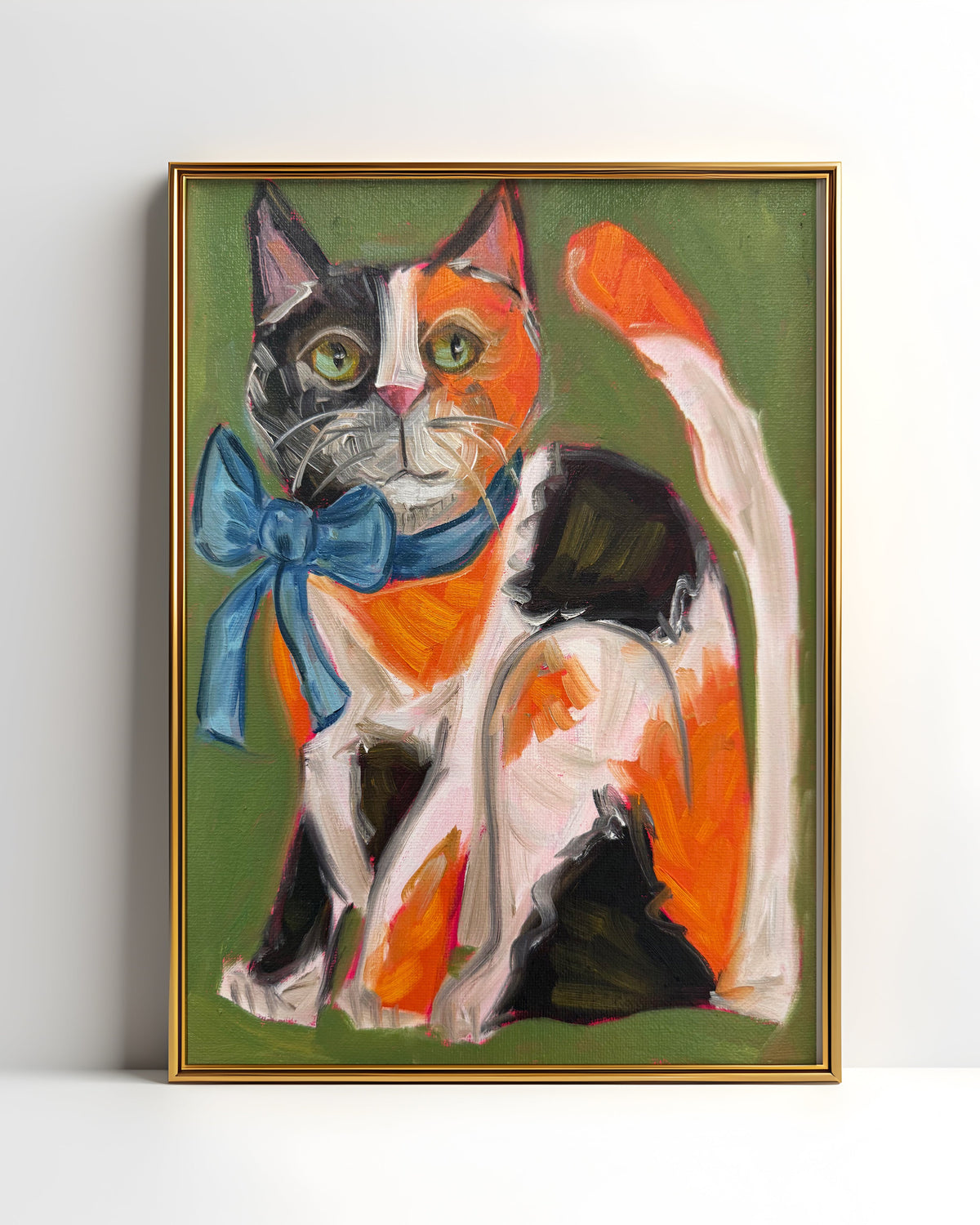 Spotted Calico Cat with Bow Art Print on Paper or Canvas - Kitty Cat Art Poster