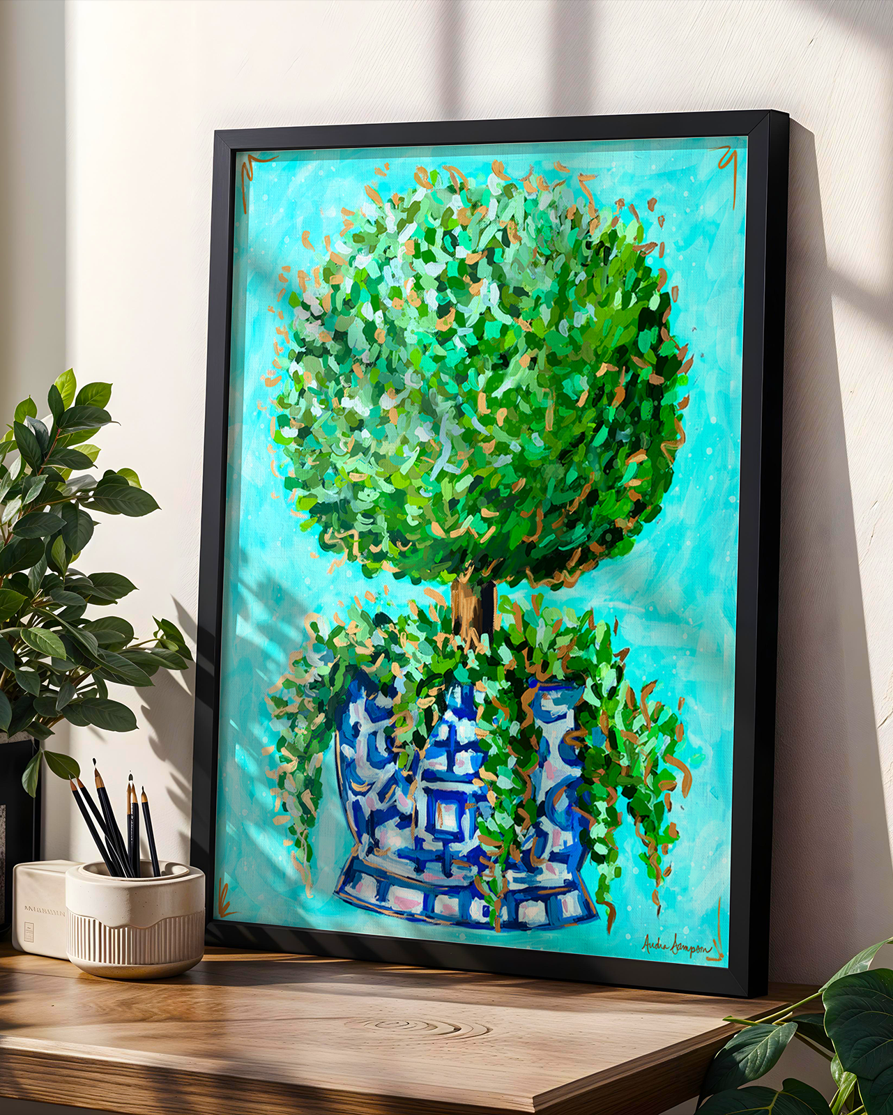 Topiary Art Print on Paper or Canvas - Blue and White Decor, Grand Millennial Wall Art Poster