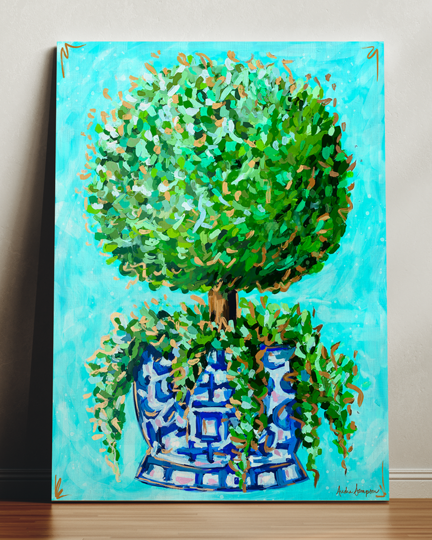 Topiary Art Print on Paper or Canvas - Blue and White Decor, Grand Millennial Wall Art Poster