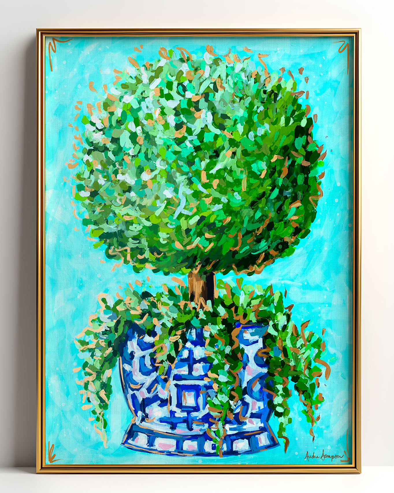 Topiary Art Print on Paper or Canvas - Blue and White Decor, Grand Millennial Wall Art Poster