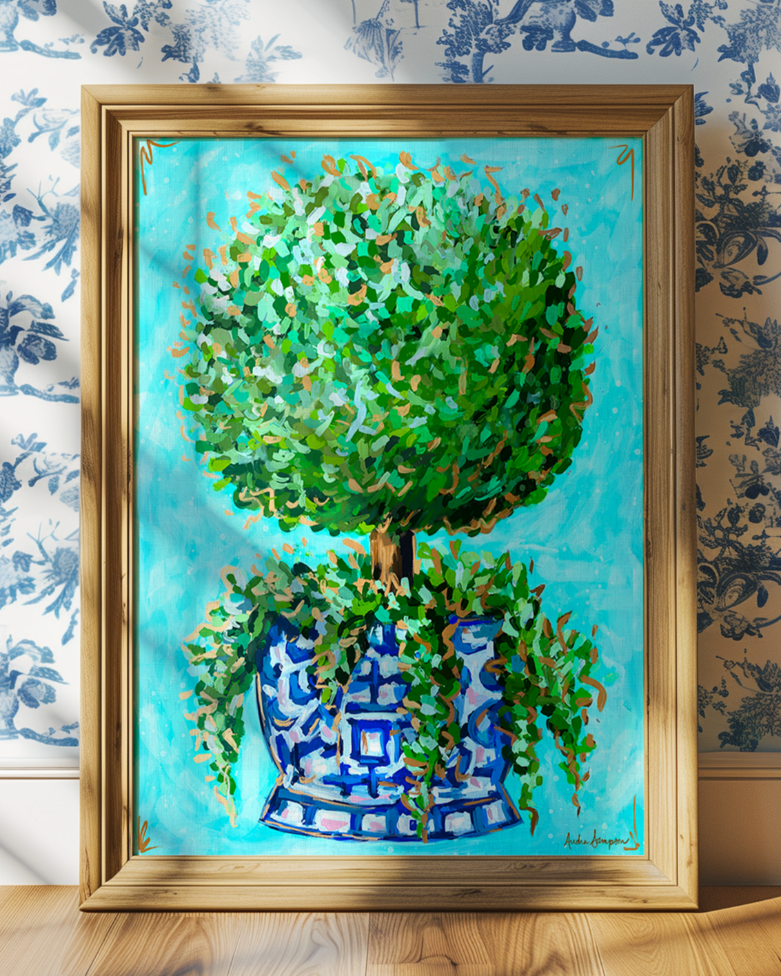 Topiary Art Print on Paper or Canvas - Blue and White Decor, Grand Millennial Wall Art Poster