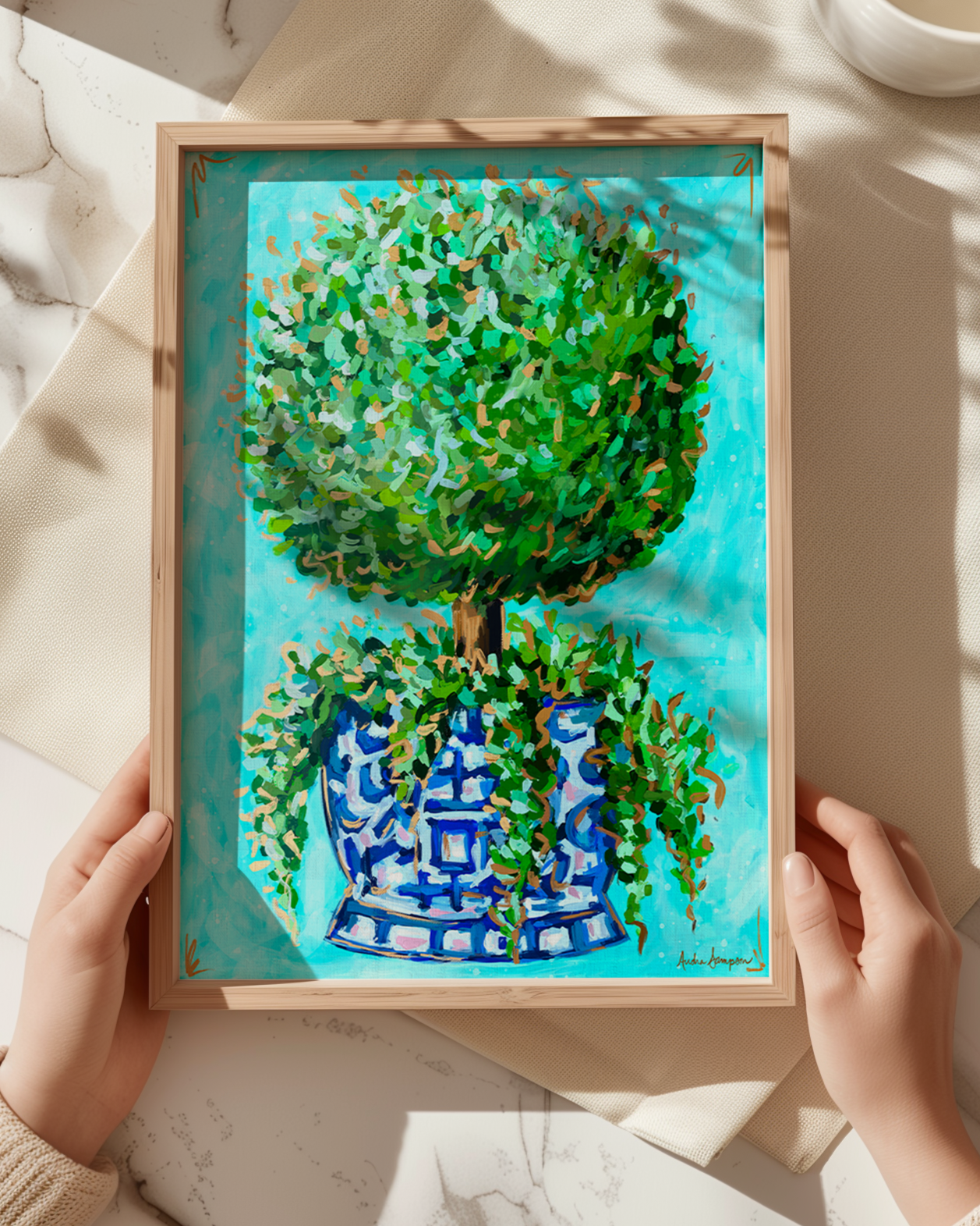 Topiary Art Print on Paper or Canvas - Blue and White Decor, Grand Millennial Wall Art Poster