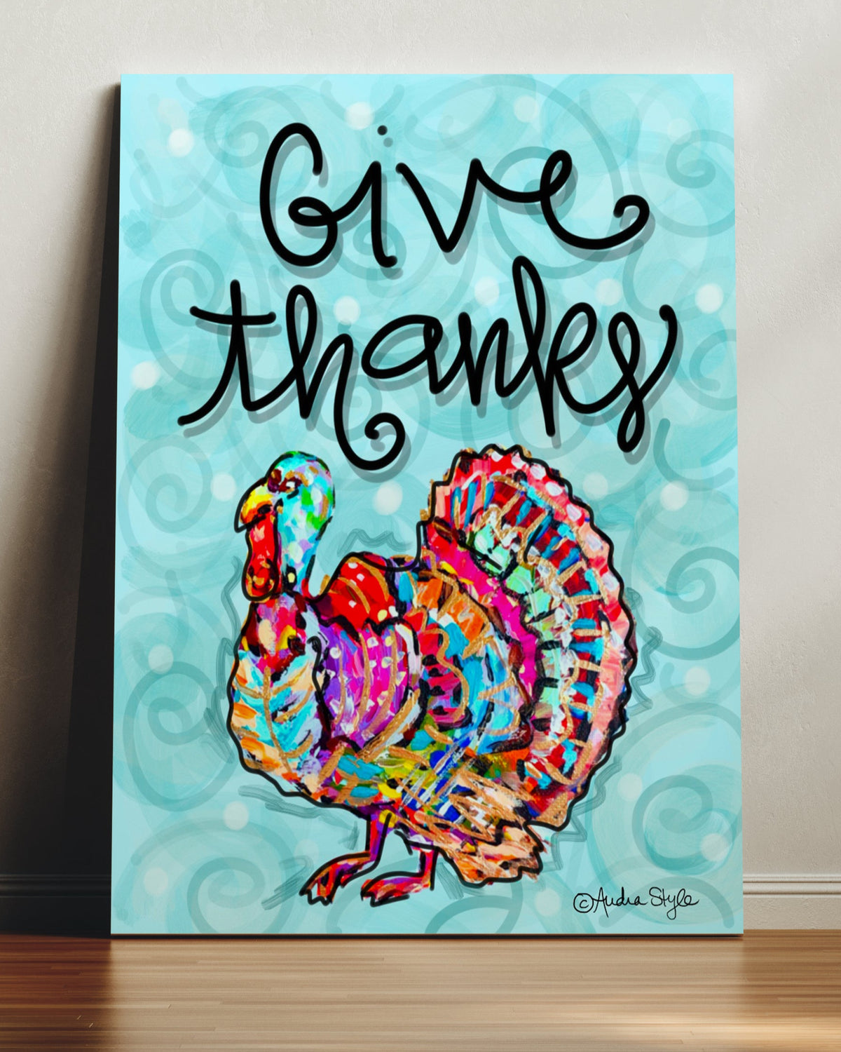 Give Thanks- Turkey Teal Background Reproduction Print