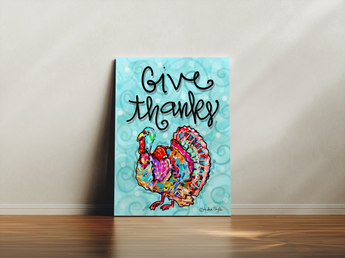 Give Thanks- Turkey Teal Background Reproduction Print