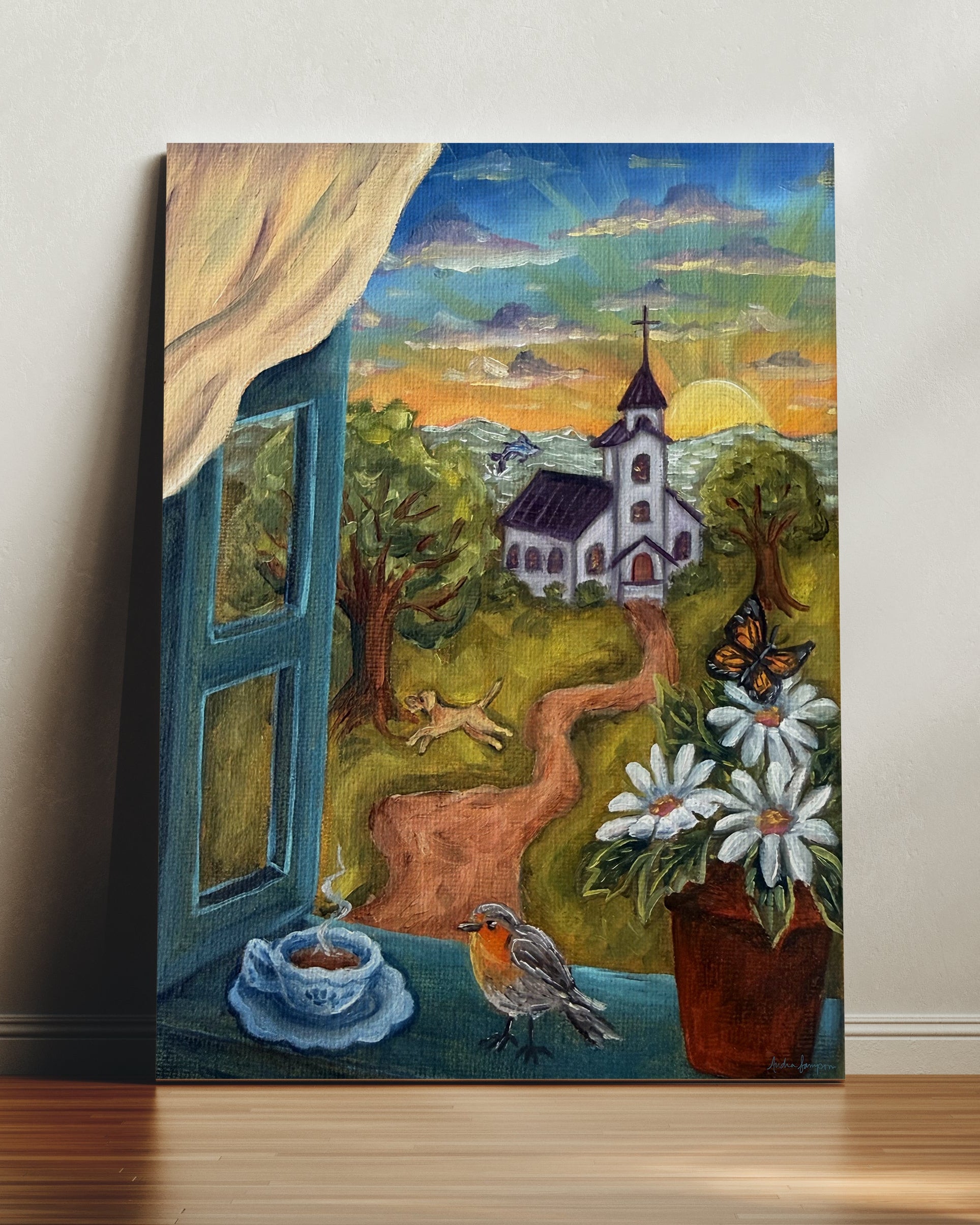 Windowsill Church Sunrise Art Print | Bold Colorful Southern Wall Art