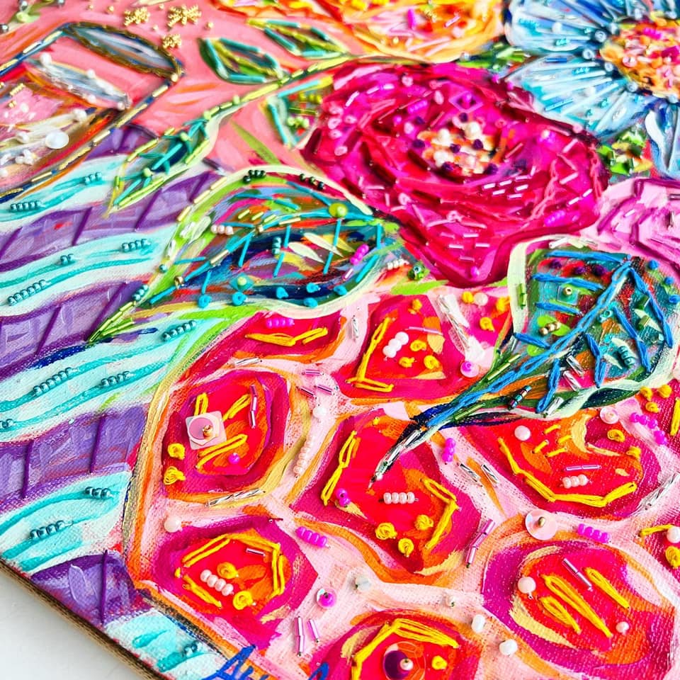 "Celebration" 12"x12" Floral acrylic & hand embroidery original canvas