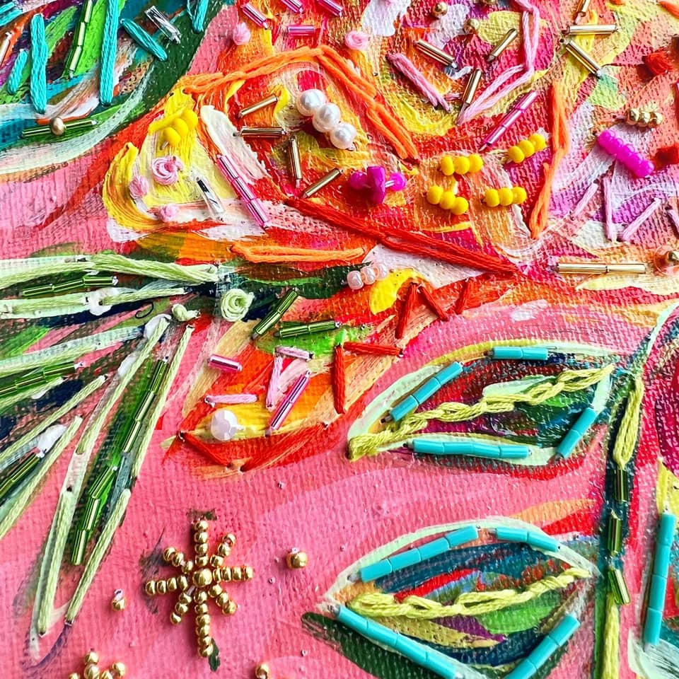 "Celebration" 12"x12" Floral acrylic & hand embroidery original canvas