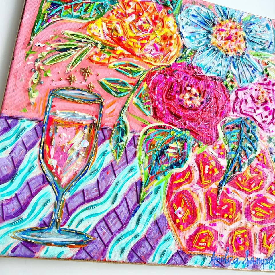 "Celebration" 12"x12" Floral acrylic & hand embroidery original canvas