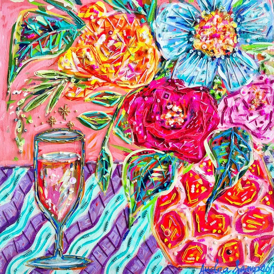 "Celebration" 12"x12" Floral acrylic & hand embroidery original canvas