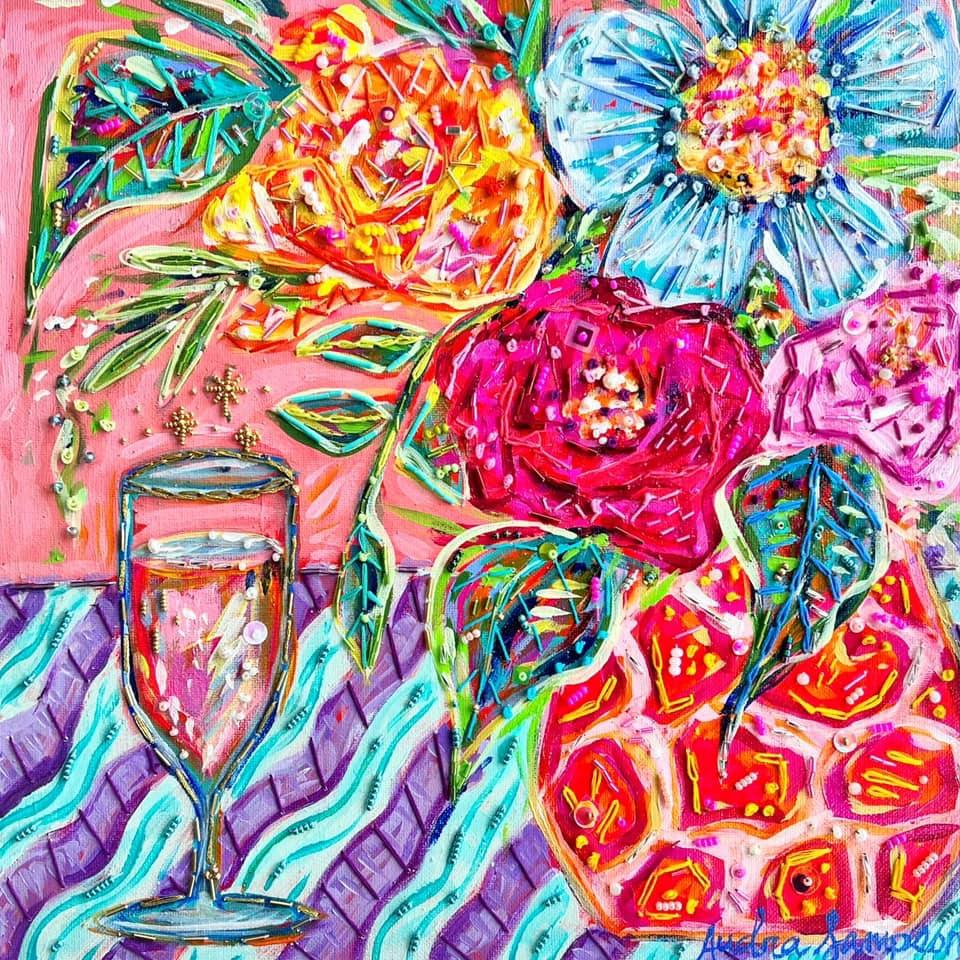 "Celebration"  12"x12" Floral acrylic & hand embroidery original canvas