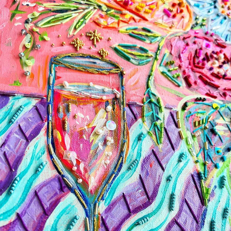 "Celebration" 12"x12" Floral acrylic & hand embroidery original canvas