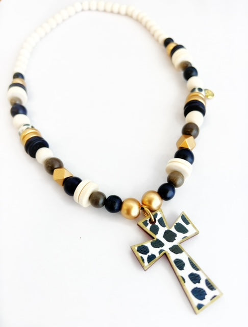 Black Dot Cross Pendant Beaded Necklace