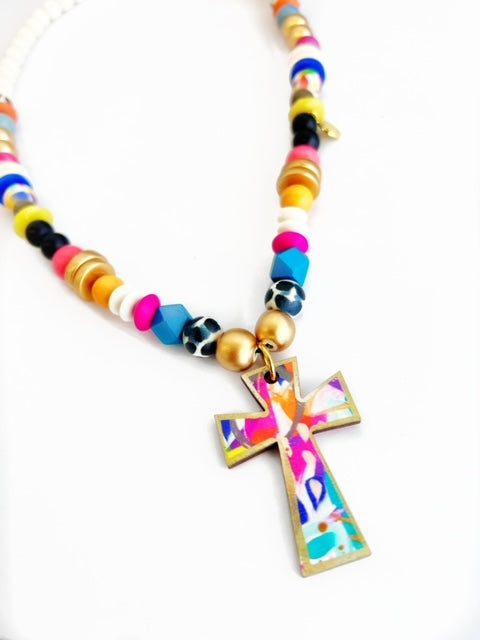 Abstract Cross Pendant Beaded Necklace