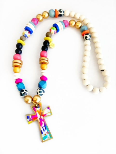Abstract Cross Pendant Beaded Necklace