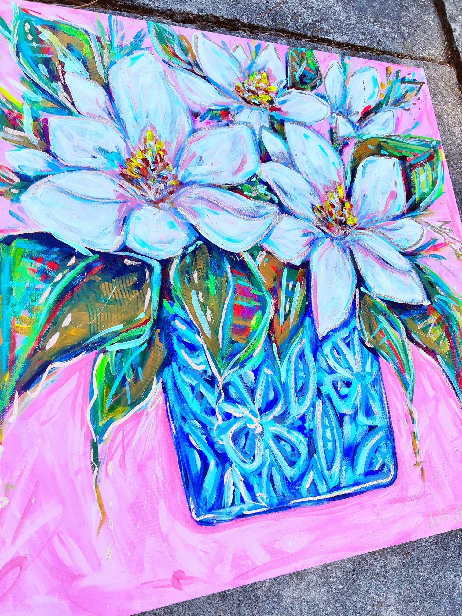 "Never Ending" 24"x24" Magnolias in Blue and White Vase Original on Canvas