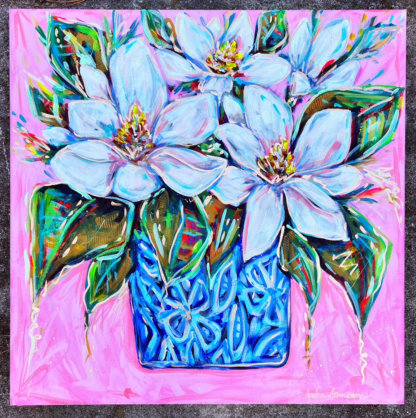 "Never Ending" 24"x24" Magnolias in Blue and White Vase Original on Canvas