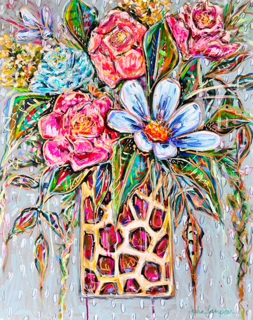 24"x30"  Original Colorful Bouquet in Leopard Vase on Canvas