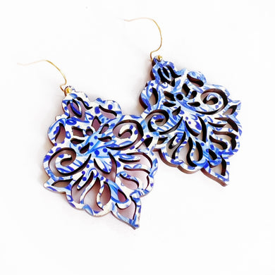 Damask Drop Earring - Blue and White Chinoiserie Spring Summer Statement Earring
