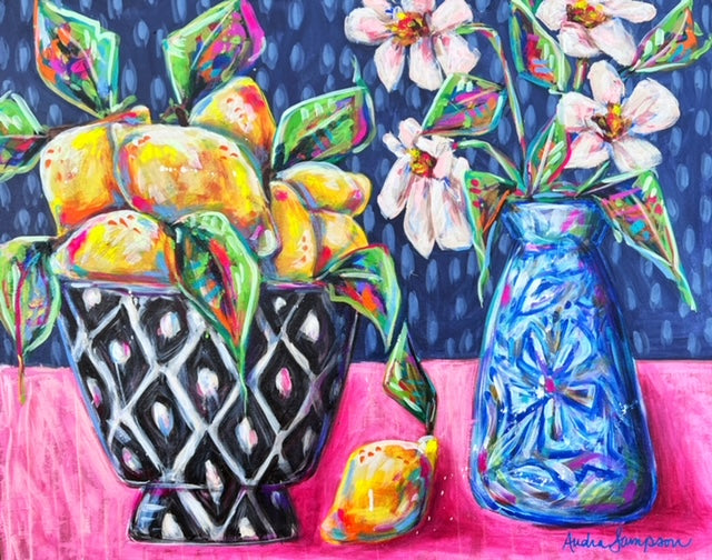 "Pucker Up" - 24x30" Lemon and Flower Still Life Acrylic Painting on Canvas