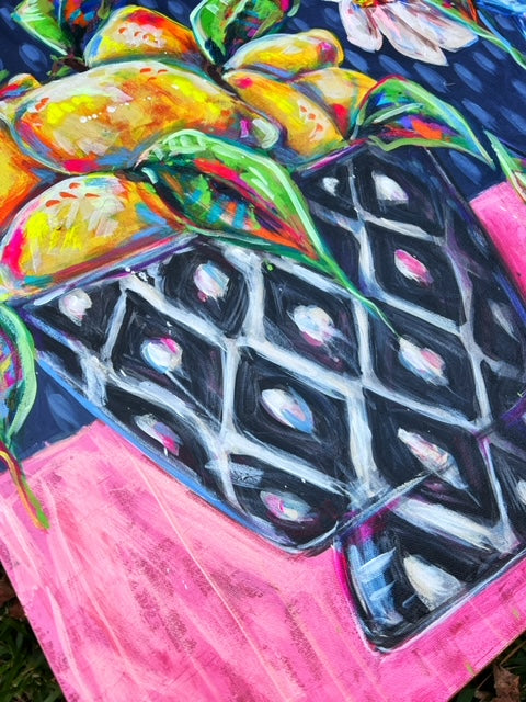 "Pucker Up" - 24x30" Lemon and Flower Still Life Acrylic Painting on Canvas