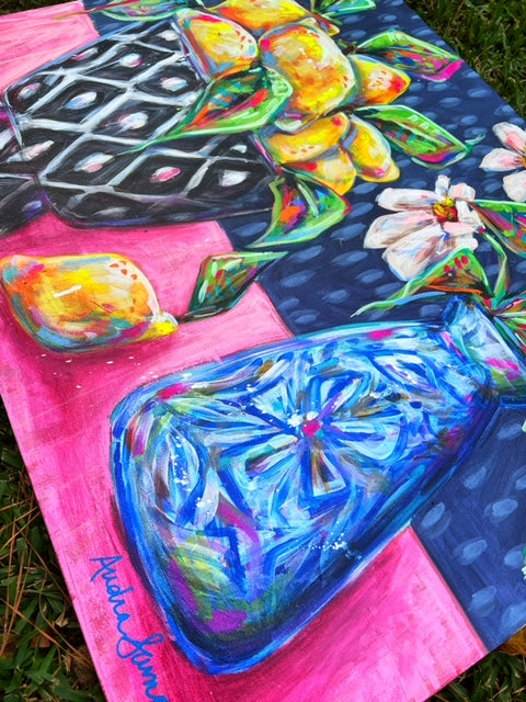 "Pucker Up" - 24x30" Lemon and Flower Still Life Acrylic Painting on Canvas