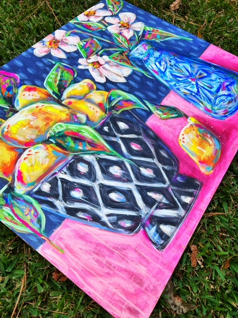 "Pucker Up" - 24x30" Lemon and Flower Still Life Acrylic Painting on Canvas