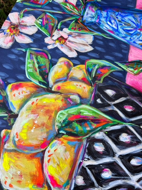 "Pucker Up" - 24x30" Lemon and Flower Still Life Acrylic Painting on Canvas