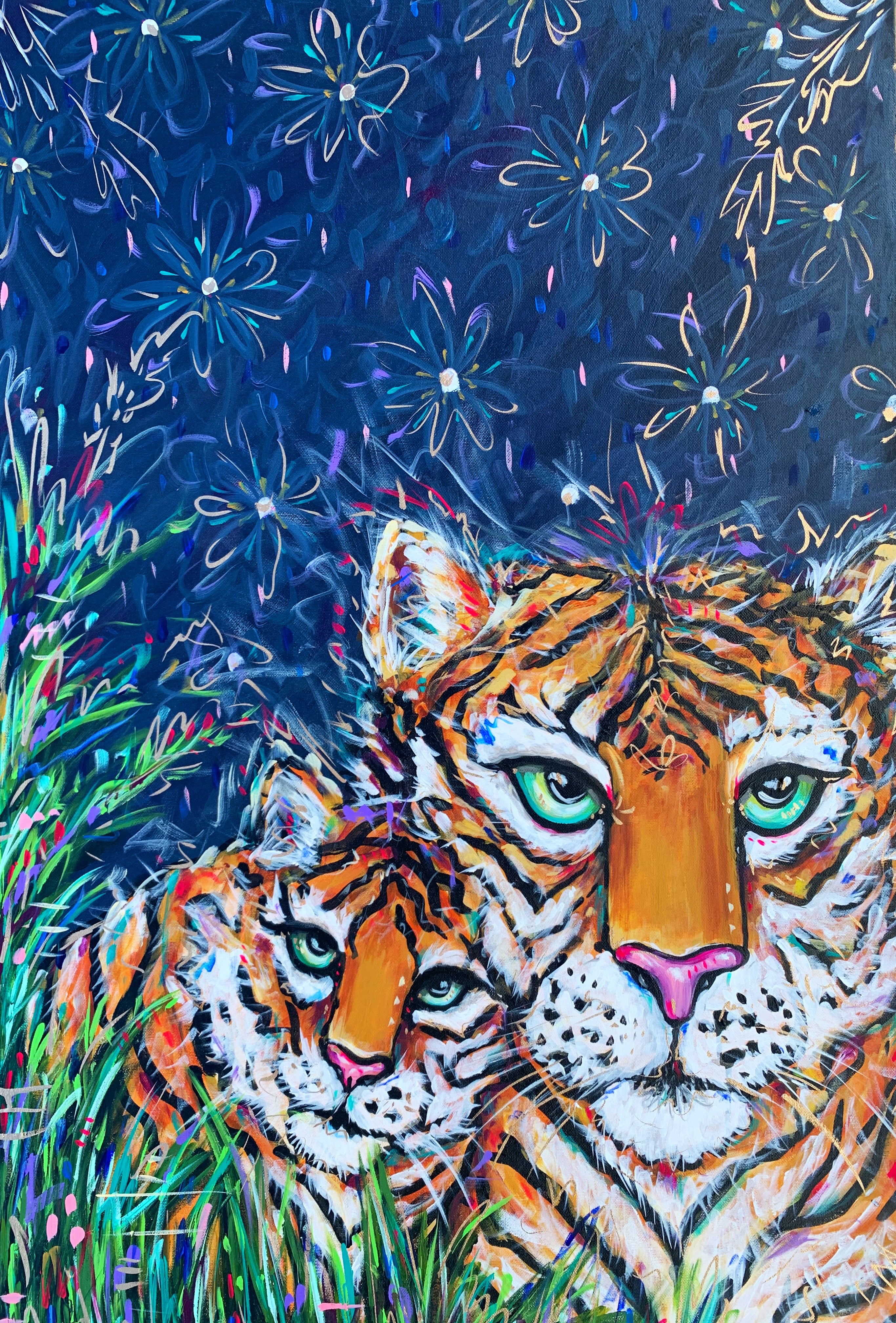 Tiger and Cub Art Print on Paper or Canvas - Maximalist Decor, Colorful Animal Wall Art Poster